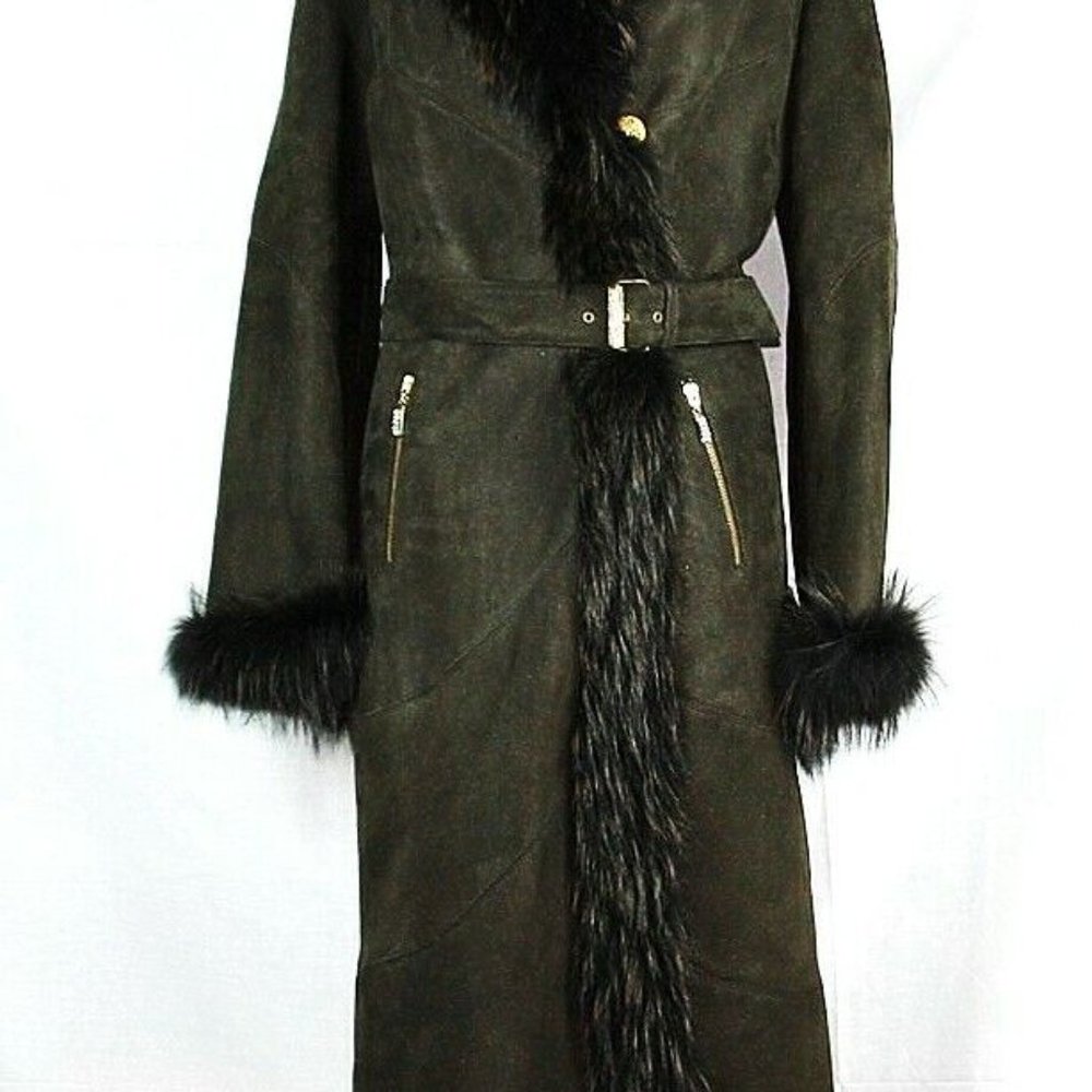 100% LEATHER SHEARLING COAT JACKET FOX COLLAR MOSS GREEN SIZE 44 BRAND NEW # 115